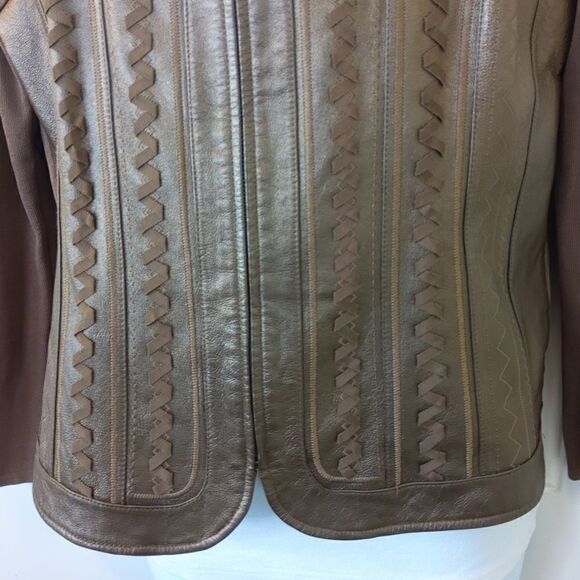 Nygard brown leather and fabric zippered front long sleeve jacket - Picture 4 of 16